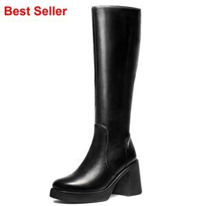 Knee High Platform Boots Wide Calf Square Toe Chunky Heel Women's Shoes
